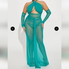 Fashion Nova  jade mesh Maxi Dress with Gloves brand new size extra large XL