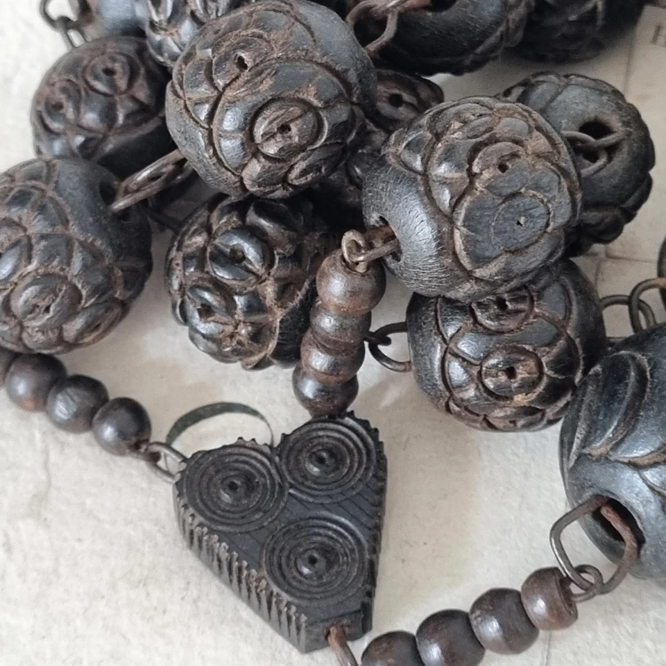 Grand Rosaire Ancien Milieu XIXè Bois Sculpté 148cm Chapelet French Rosary 19C - Photo 3/4