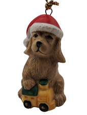 Vintage Golden Retriever Puppy With Toy Train Santa Hat Christmas Ornament 2.5"