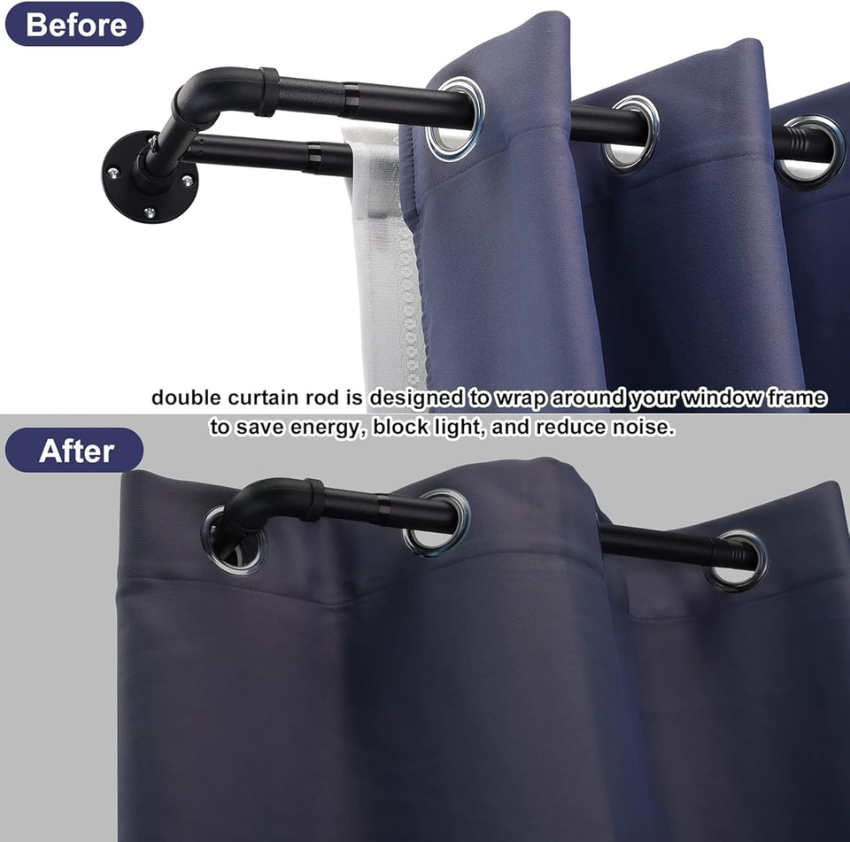 Asta Doppia Per Tende Estensibile In Metallo Nero 76-332 Cm - Per Tende Con Occhielli E Oscuranti, Facile Installazione