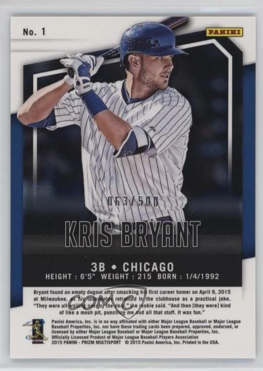 2015-16 Panini Prizm Multi-Sport /500 Kris Bryant #1 Rookie RC - Image 2 of 2