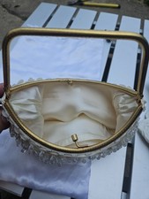 Handmade Ivory Beaded Sequin Kiss Lock Top Handle Clutch, Lined w/ Dust Bag