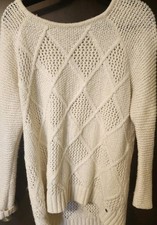 American Eagle Pullover Sweater Women Scoop Neck Open Knit Logo Cream Large