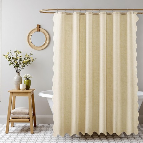 Tritard Beige Scalloped Shower Curtain Linen Textured Heavy Duty Waterproof F... - Picture 7 of 8