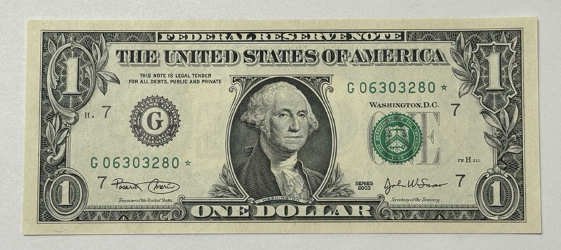 Series 2003 $1 One Dollar STAR NOTE Serial Number G 06303280*