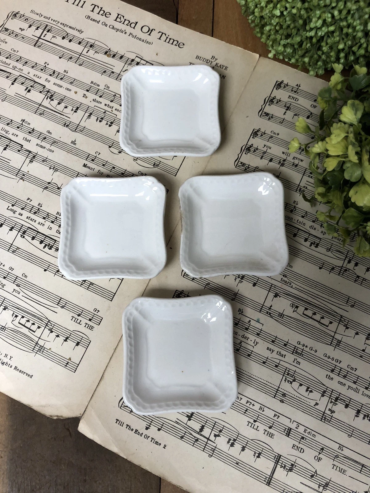 4 Antique White Ironstone Square Butter Pats John Maddock & Sons England Vintage