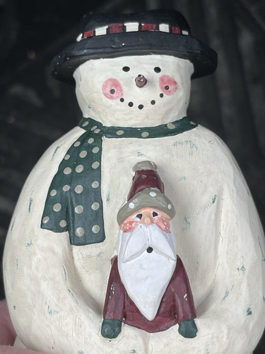 Midwest of Cannon Falls Rustic Primitive Snowman Holding Santa Figurine 7.5" - Picture 6 of 8