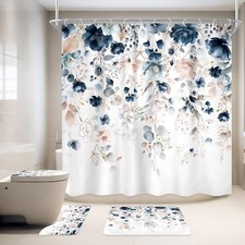4 PCS Navy Blue Floral Flower Shower Curtain 72"W x 72"L Pack of 4 A 01 Blue