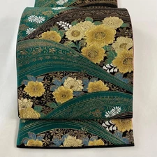 JAPANESE KIMONO BELT FUKURO OBI GREEN ROKUTSU-GARA PURE SILK FF3882