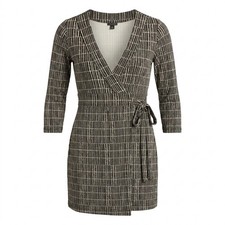 Ann Taylor Black White Geometric Grid Print Faux Wrap Dress 3/4 Sleeve Size 6