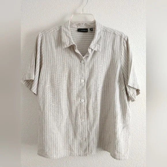 Rafaella Linen Blend Camp Shirt Beige White Cottage Mom Size XL, Chest 42"