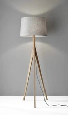59 Natural Solid Wood Tripod Floor Lamp With Gray Fabric Empire Shade