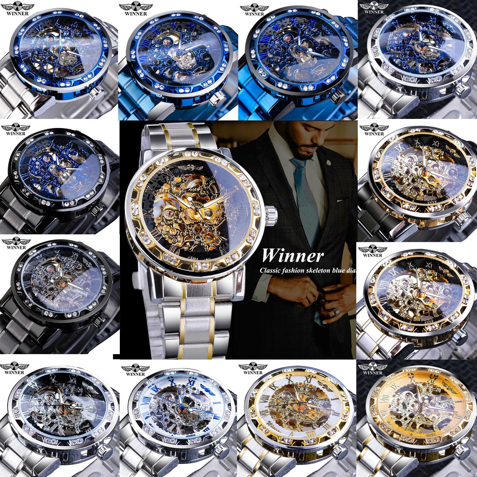 T-WINNER MEN'S STAINLESS STEEL VINTAGE DIAMOND HOLLOW MECHANICAL WATCHES