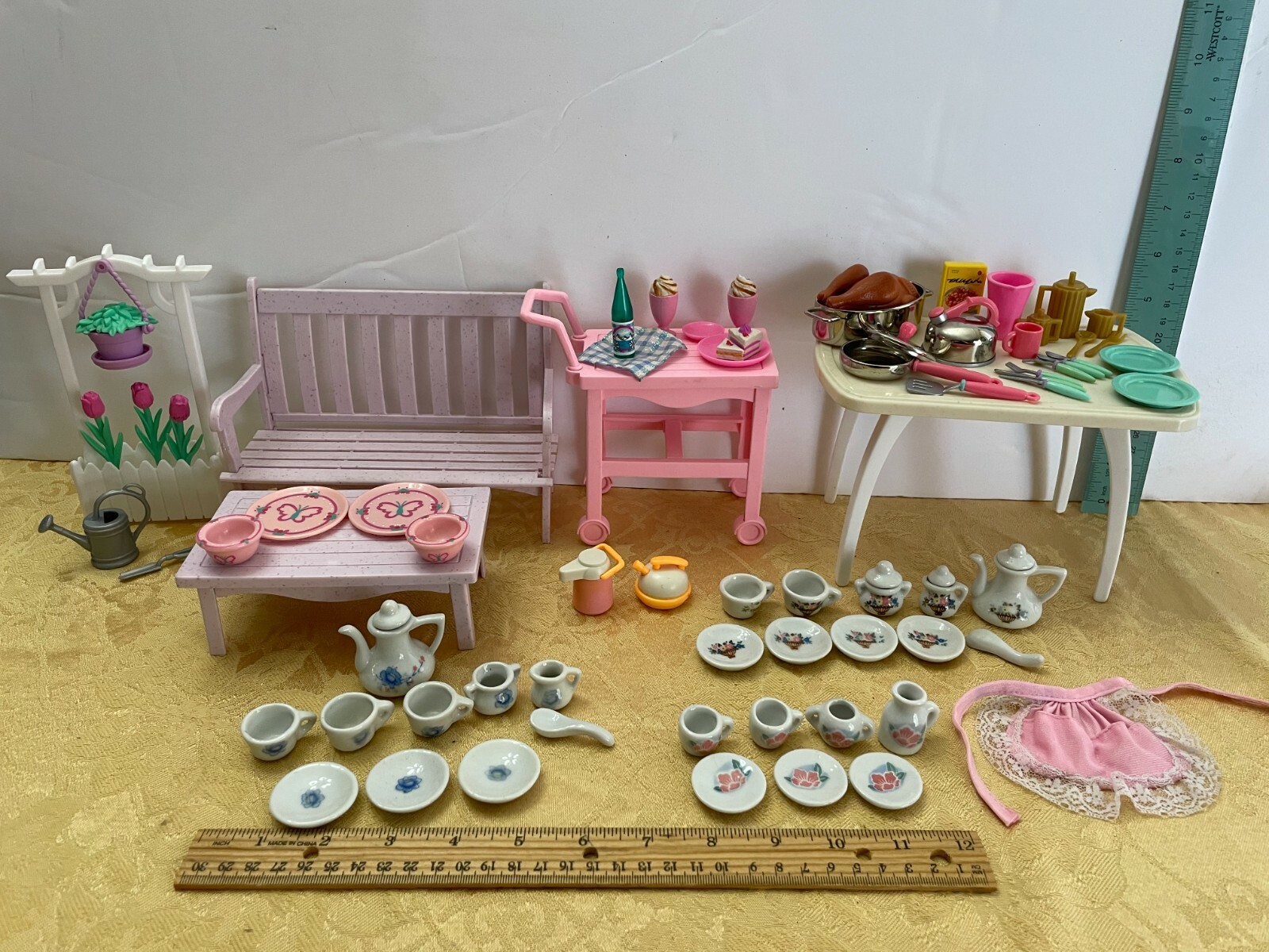Barbie Flower Garden Playset + Kitchen Table Tea Set Dishes Pots Pans