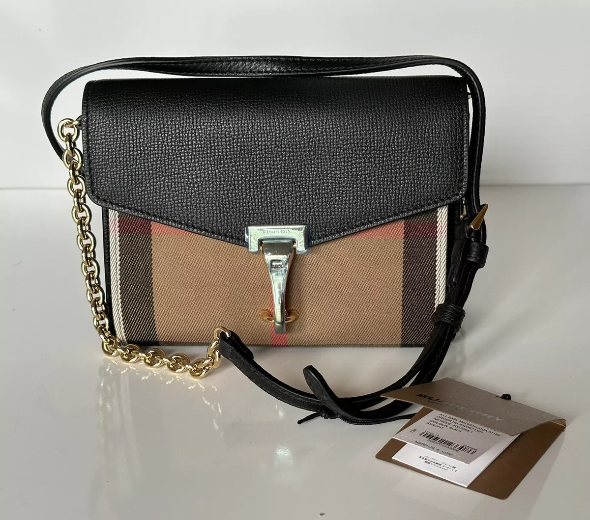 NWT Burberry Baby Macken House Check Derby Leather Cross Body Bag Black  8067055