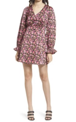 VERO MODA Floral Long Sleeve Mini Dress Size Large But Fits Medium V-Neck