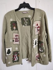 Croft Barrow zip-up cardigan sweater green plus size 1X Christmas snowmen Vntg