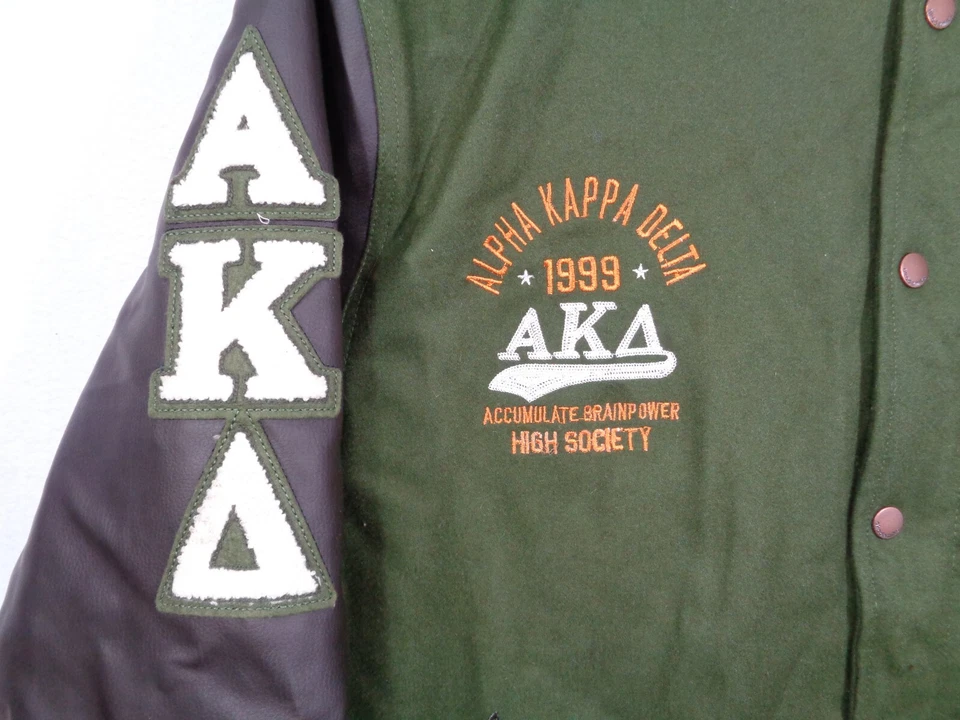 Akademiks Varsity Letterman Jacket Men 4XL Green Wool Alpha Kappa Delta Logo - Image 3 of 4