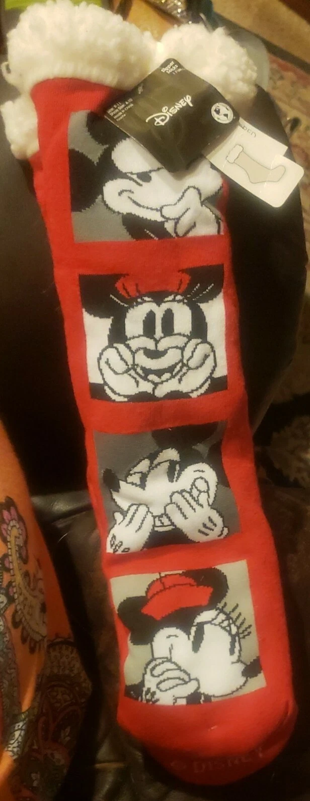 Disney Mickey Minnie Red Sherpa Lined Slipper Socks Sz 9-11 NEW