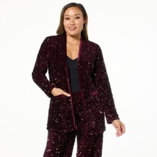 Nina Leonard Sequin Blazer Jacket Size Large Pockets Long Sleeve Deep Wine Party