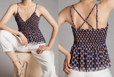 Anthropologie XS Strappy Peplum Geometric Navy Layered Chiffon Cami Top Summer