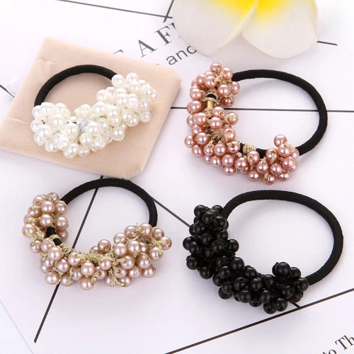 Pearls Beaded Ponytail Holder Girls Scrunchies Elastic Hair Bands Rubber Rope US - Picture 2 of 27