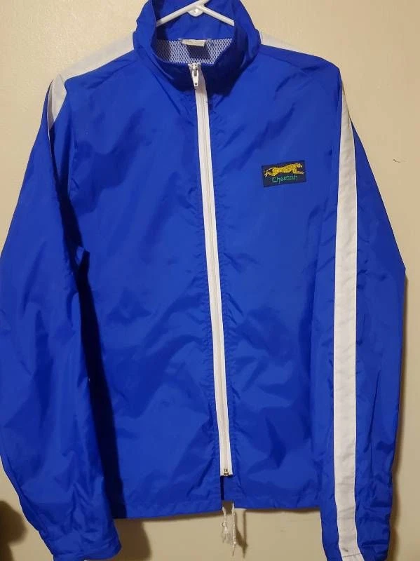 Cheetah Mens Rain Jacket Blue White Waterproof Mock Neck Mesh Zipper Vintage L