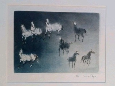  KAIKO MOTI 1921-1989 signed Original Blue Aquatint Etching  8 HORSES