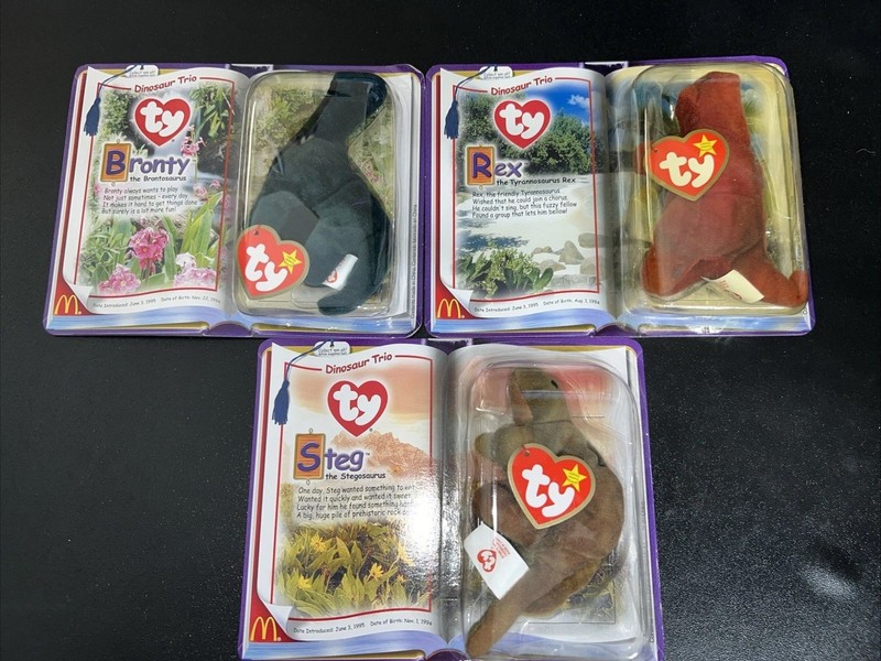 Year 2000 McDonald’s Ty Teenie Beanies Dinosaur Trio Complete Set NEW