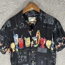 Vtg Paradise Found Hawaiian Shirt Mens S Black Wrap Around Cocktail Print USA