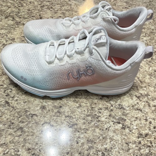 Ryka Devotion Plus 4 White/Pink/Blue Low Top Lace-Up Walking Sneakers Womens