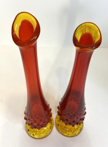 2 Vintage GLOWS Fenton Amberina Tangerine Glass Hobnail Swung Vases 9.5”& 10” - Picture 2 of 9