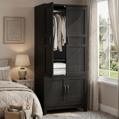 Wooden Wardrobe 72 Inch Freestanding Cabinet 2 Doors 2 Drawers Adjustable Shelve