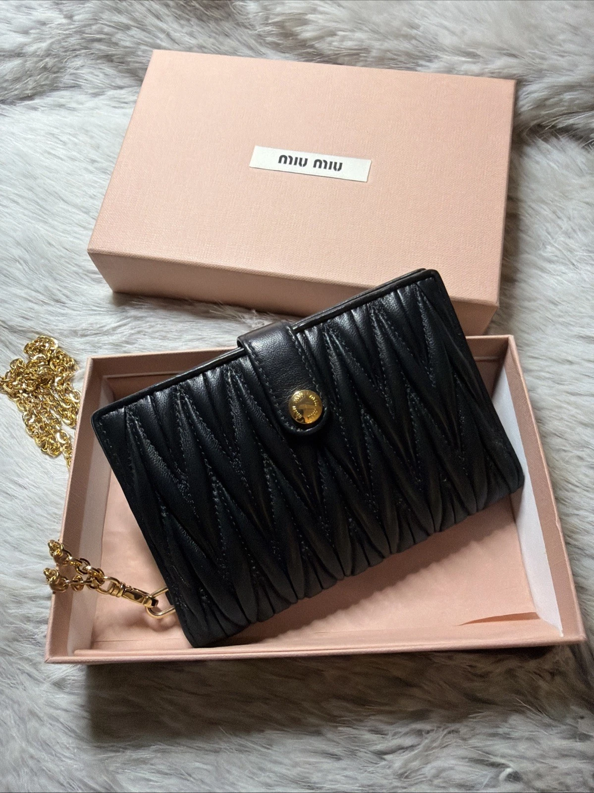 Miu Miu — NWT Authentic Miu Miu Matelasse Black Leather Passport Holder Wallet W/ Chain