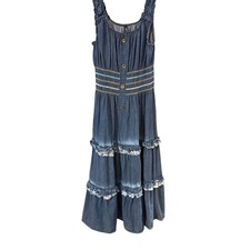 Lapis Womens Blue Denim Tiered Maxi Dress Smocked Waist Ruffle Boho L Cottage
