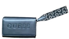 GUESS Black Wristlet Wallet Clutch Zip Organizer Logo Faux Leather