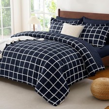 King Size Comforter Set Navy Blue 7 Pcs Plaid Bed in a Bag Set Soft Bed Set