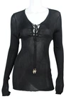 ROBERTO CAVALLI Black Semi-Sheer Rib Knit Lace Up V-Neck Top 48