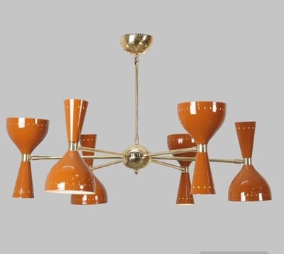Mid Century Modern Orange Multi-Light Messing Kronleuchter Deckenlampe