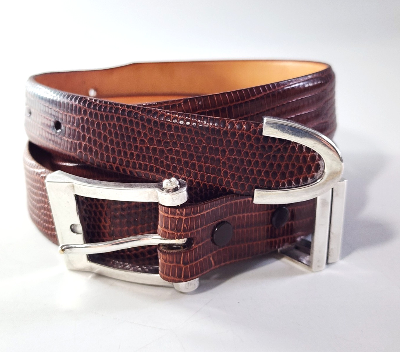 Vogt 925 Silver Buckle & Authentic Java Lizard Leather Belt by Saddlebags Sz 42