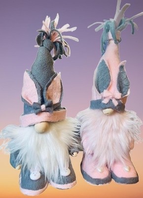 Set of 2 Handmade Easter Bunny Gnomes Pink & Grey 12'' Decor