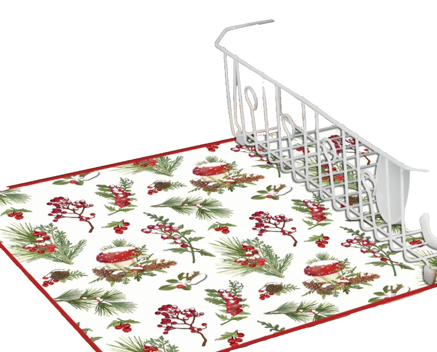 Microfiber Dish Drying Mat(15"x20")CHRISTMAS SNOW CAPPED FUNGI,HOLLY BERRIES,KDD