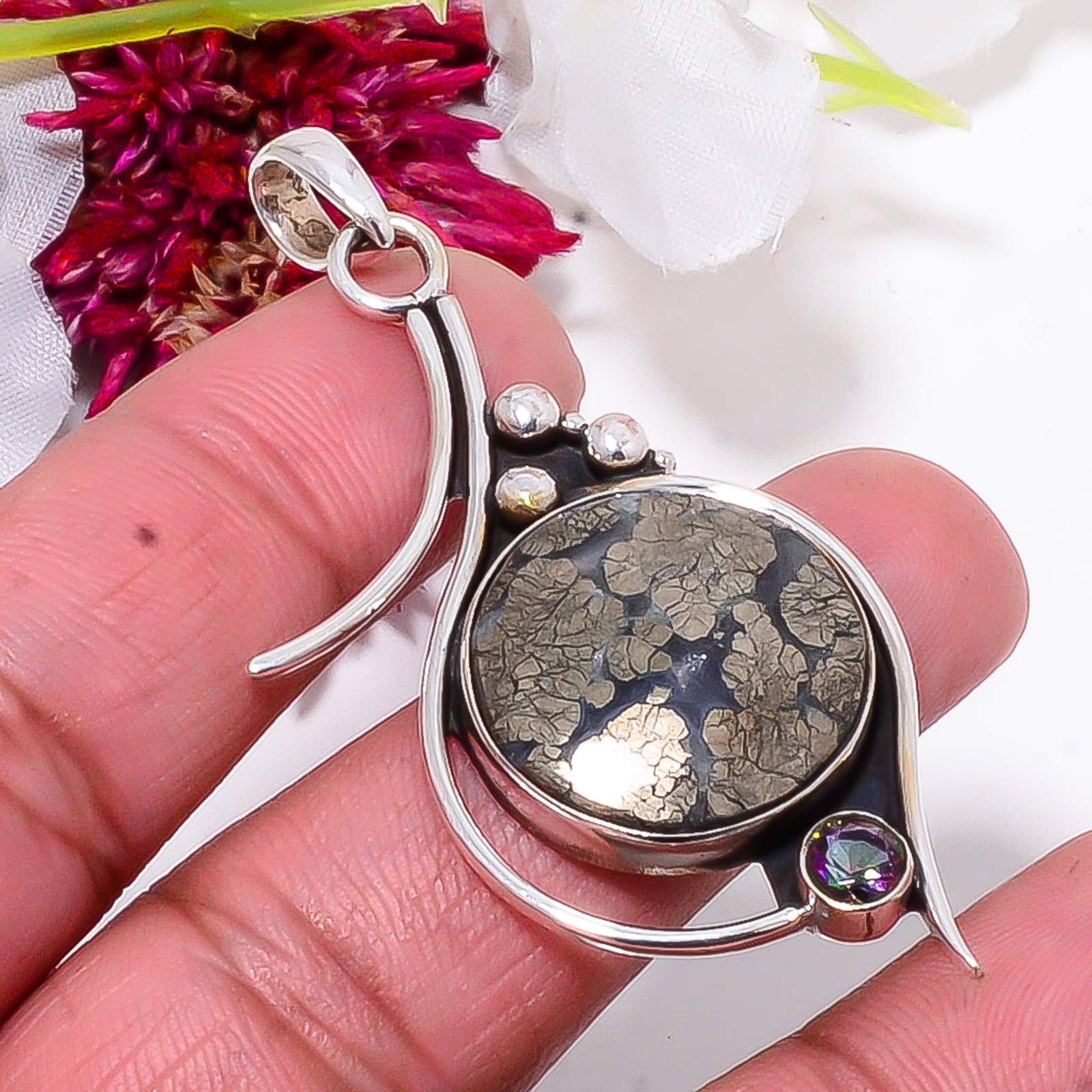 Marcasite & Rainbow Mystic Fire Topaz 925 Sterling Silver Pendant 2.42" Sku20