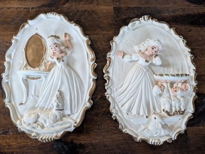 Set of 2 Oval Plaster Wall Plaques Raised Relief Woman Dog Children Romantic