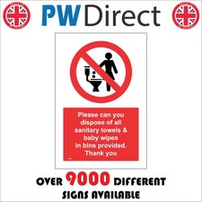 SIGN Dispose Sanitary Towels Baby Wipes In Bins Toilets Workplace Office PR358P
