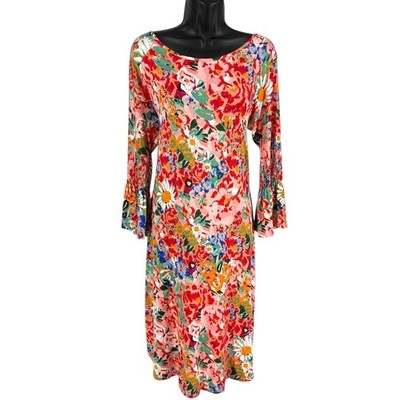 Floral Bell Sleeve Midi Dress Romantic Boho Stretch NWT Agnes Dora Medium