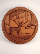 Hand Carved Deer In Forest Round Wooden Cabin Decor Wall Art Hunter Hunting