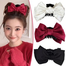 Large Satin Bow Hair Clip Women Girl Elegant Black Double Sided Claw Clips