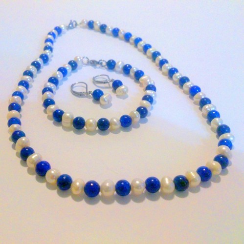 Süßwasserperle blauer Stein Halskette Armband Ohrring halbes Parure - Bild 2 von 4