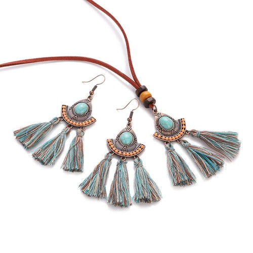 Vintage Geometric Tassel Earrings Natural Turquoises Necklace For Girls Jewelry - Picture 5 of 9